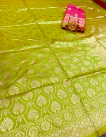 parrot green soft lichi silk  fabric weaving work festive 