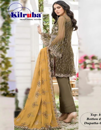 brown top - georgette with embroidery and sequance work with back work ( including sleeves ) | bottom - santoon | dupatta - georgette  with embroidery and sequance work with tussels | type - semi stitched | size - fits upto 54 | length - 42 