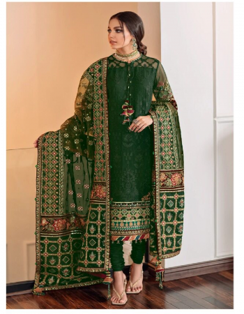 dark green top - georgette with sequance work | sleves - georgette with velvet with embroidery work | dupatta - butterfly net with embroidery work | bottom & inner - santoon | length - 44 