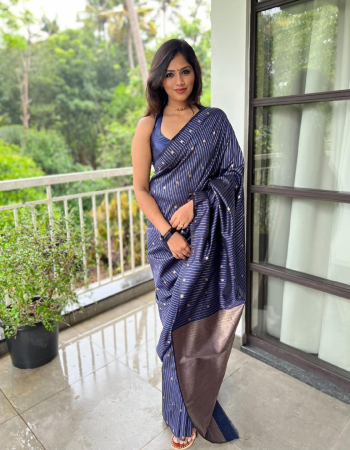 navy blue soft lichi silk saree fabric weaving work festive 
