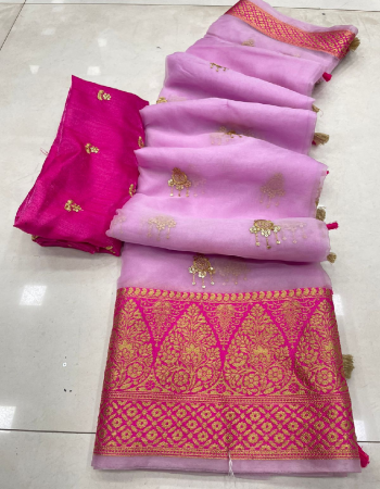 pink kanchipuram organza with jacquard border and heavy sequance butti work fabric jacquard work festive 