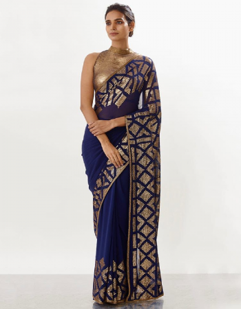 navy blue saree - heavy georgette | blouse - gold zari satin  fabric sequance work casual 