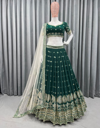 dark green choli - georgette | inner - crep | size - unstitch upto 44 | lehenga - georgette | inner - crep | size - semi stitched upto 44 ( xxl ) | flair - 3.5 m with canvas with cancan | dupatta - soft net embroidery with sequance ( 2.20 m) fabric sequance embroidery work work festive 