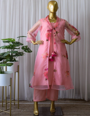 pink jacket - organza silk | size - upto 42 ( free ) | top - maska cotton |pent - maska cotton | size - upto 44 ( free size with elastic ) fabric digital printed work party wear 