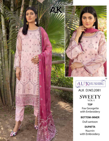 pink top - georgette with heavy embroidered | bottom - santoon with work | dupatta - nazmin with heavy embroidered | inner - santoon  fabric embroidery work ethnic 