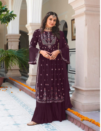wine top - faux georgette with embroidery work | dupatta - nazmine | plazzo - foux georgette | size - xl ready with extra marjin upto 46 | full stitched - free size xl upto 3xl fabric embroidery work party wear 