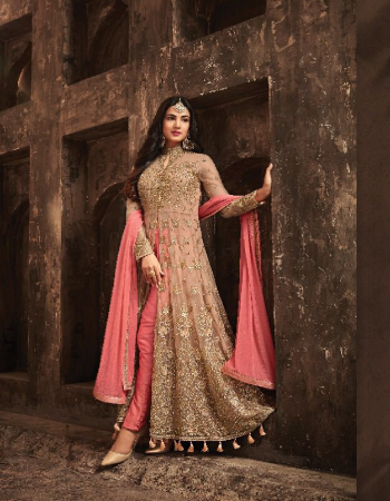 pink top - heavy net with embroidery sequance and stone work | sleeves  - net with embroidery work stone work | inner - santoon | bottom - banglory silk | dupatta - nazmin chiffon | length - max upto 54| size - max upto 44 | flair - 3.20 m  fabric embroidery work festive 
