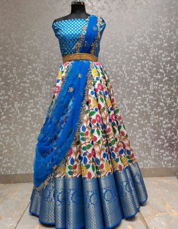 blue lehenga - pure kanjivarama silk printed ( 3m) | blouse - jacquard fabric ( 1 m) | dupatta - organza with 2 side piping  ( 2.20 m)  fabric printed work festive 