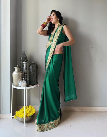 dark green saree - japan satin thread with sequance work  | blouse - japan satin  fabric thared work  work ethnic 