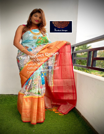 sky blue pratibha soft banarasi silk kalamkari block print  fabric printed work casual 