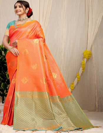 orange banarasi silk handloom with copper jari fabric weaving work party wear 