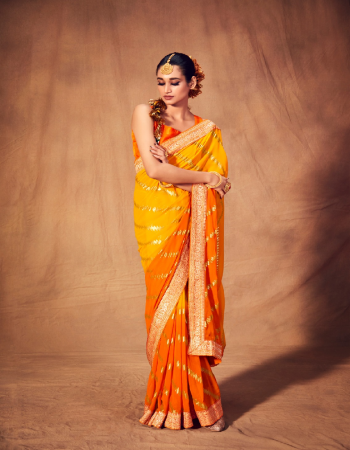 orange two tone heavy georgette with foil printed fabric printed work festive 