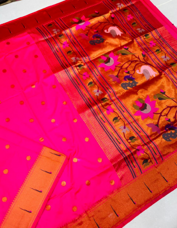 pink paithani pure silk handloom saree fabric weaving work festive 