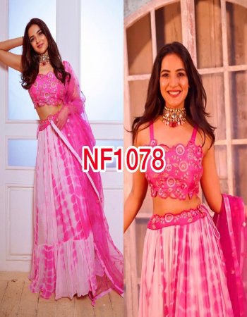 pink lehenga - georgette with digital printed | lehenga inner - micro silk | length - 42 '' inches | width upto 42 to 44| flair - bottoms upto 3.50 m | type - semi stitched | blouse - japan satin silk | type - unstitch | dupatta - heavy butterfly net with moti work ( 2.40 m) fabric embroidery work casual 