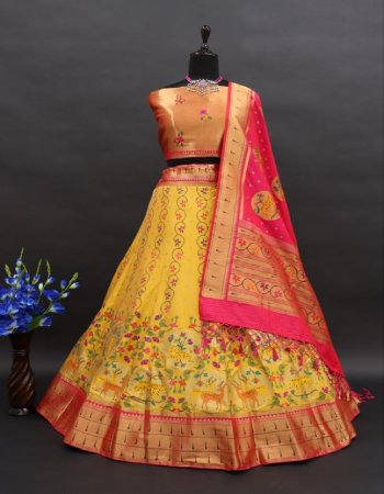 yellow lehenga - paithani | length - 42 inches | waist - 40 inch| flair - 3m  | blouse - paithani ( 0.90 cm unstitched ) | dupatta - paithani ( 2.40 m)  fabric weaving work festive 