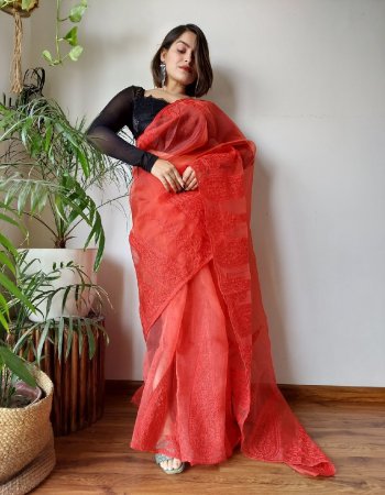 red semi pure organza lucknowi work with black sequance work  fabric lucknowi work work caual 