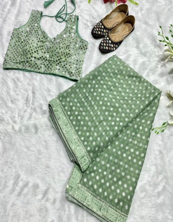 green saree - chiffon digital printed sequance lace border | blouse - chinon silk with heavy embroidery sequance work ( fully stitched ) | blouse - xl ( 42 ) | xxl ( 44 )  (fully stitched ) with cups  fabric digital printed  work casual 