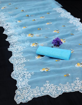 sky blue saree - heavy organza with embroidery work | blouse - banglori satin fabric embroidery work ethnic 