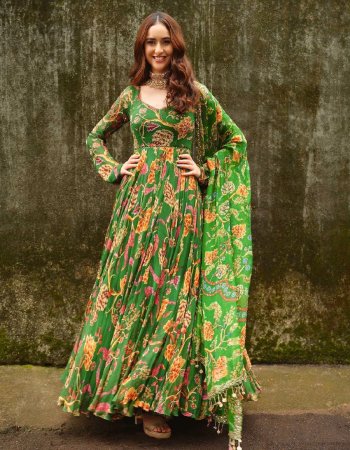 dark green gown - pure heavy chiffon fabric with digital printed with full sleeves | gown length - 52-53 inches | inner - micro cotton | flair - 6m| dupatta - pure heavy chifon fabric with digital printed lace border ( 2.40 m)  fabric digital printed work party wear 