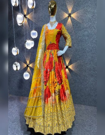 yellow gown - silk with digital printed with sequance work | inner - micro cotton | gown length - 55 inch | flair - 3.50 m | dupatta - net with sequance embroidery lace work ( 2.40 m)  fabric digital printed work casual 
