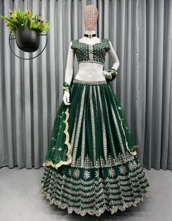 dark green choli - faux georgette | inner - silk | size - unstitch upto 42 | lehenga - faux georgette | inner - silk | stitching type - semi stitch upto 42 | flair - 3 with cancan with canvas patta | dupatta - soft net embroidery sequance work  fabric embroidery work festive 