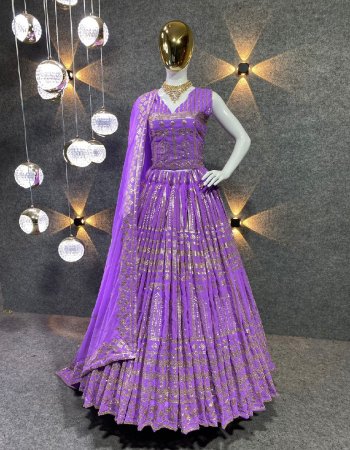 purple lehenga & blouse - faux georgette ( canvas patta ) ( sleeves fabric extra ) | lehenga inner - micro silk | lehenga inner - 42 inches | width upto 42 to 44 | flair - bottoms upto 3 m | lehenga - semi stitched | blouse - unstitched ( 42 to 44 ) | dupatta - faux georgette with fancy lace work ( 2.40 m)  fabric sequance work festive 