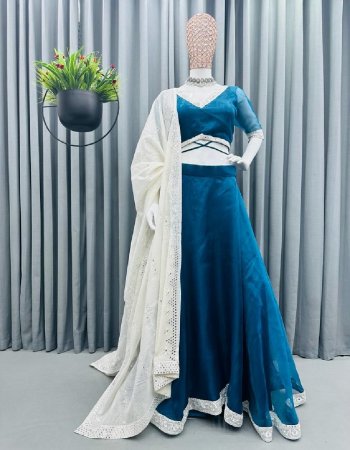 blue choli - organza silk | inner - silk | size - unstitch upto 42 | lehenga - organza silk | inner - silk |stitching type - semi stitched upto 42 | flair - 8 m with cancan with canvas patta | dupatta - chanderi silk embroidery sequance work  fabric sequance work ethnic 