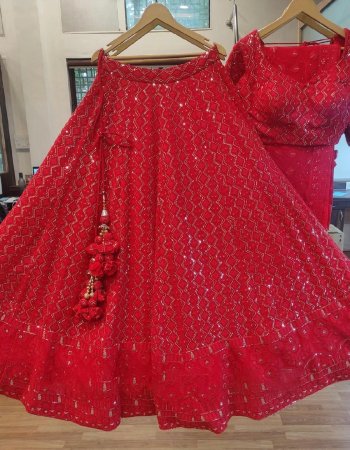 red choli - faux georgette | inner - crep | lehenga - faux georgette | inner - crep | stitching type - semi stitch upto 44 | flair - 3.5 m canvas with cancan | dupatta - faux georgette with thread sequance  fabric sequance work casual 