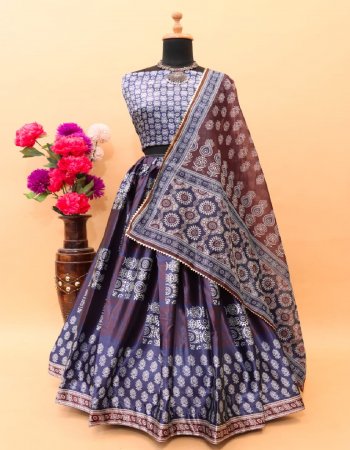 purple lehenga - gajji silk ajrakh digital printed  ( full stitch ) | flair - 3 m | blouse - digital printed ( 1 m unstitch blouse ) | dupatta - chanderi cotton ajrakh printed with samosa border ( 2.4 m ) fabric digital printed work festive 