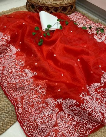 red saree - organza silk with heavy embroidery work | blouse - banglory satin  fabric embroidery work casual 