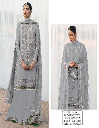grey top - georgette with sequance embroidery and diamond work | sleeves - georgette with embroidery work | dupatta - nazneen with embroidery work with four side lace | bottom - santoon | inner - santoon | length - 44 