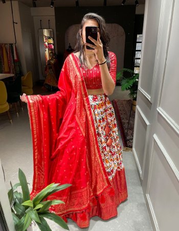 red lehenga - dolla silk with patola print with foil work | lehenga closer - drawstring with heavy tassels and zip | stitching - stitched with canvas and attached cancan | length - 41 | flair - 3.80 m | inner - micro cotton | blouse - dolla silk with foil printed ( 0.80 m) | dupatta - dolla silk foil printed with gotta printed work ( 2.4 m) fabric printed work ethnic 