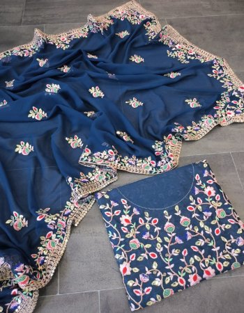 navy blue saree - heavy blooming georgette | blouse - mono banglory silk fornt and back side multi thread work fabric embroidery work casual 