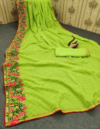 parrot green georgette with lace border | running blouse fabric sequance work casual 
