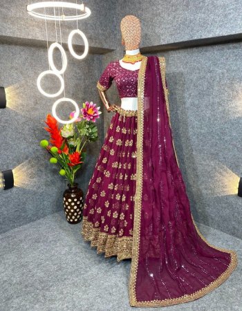 wine lehenga - faux georgette ( canvas patta ) | lehenga inner - micro silk | length - 42 '' inches | width upto 44 to 46 | flair - bottoms 12 kali | type - semi stitched | blouse - faux georgette | type - unstitched | dupatta - faux georgette with fancy lace work ( 2.40 m) fabric embroidery work party wear 