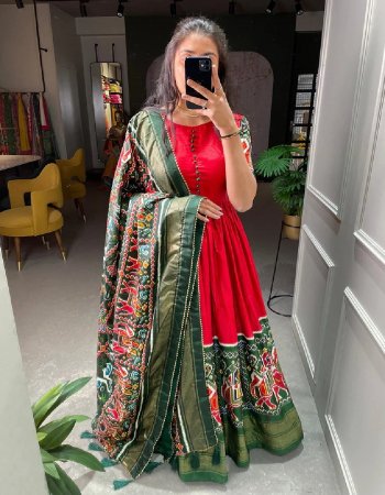 red heavy silk | work - patola and print with beautiful balloon sleeves | length - 55 | flair - 3m | inner - silk fabric printed work festive 