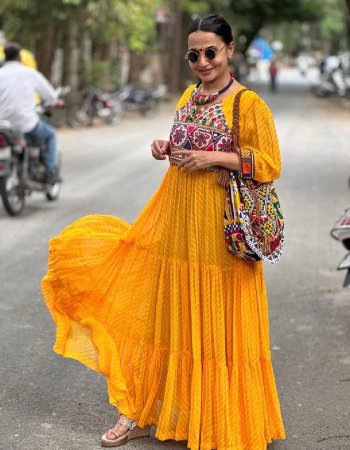 yellow gown - faux georgette with digital printed with embroidery real mirror work ( fully flair ) | inner - heavy micro cotton | length - 58 inch | flair - 10 m | size - 42 xl full stitched ( free size ) fabric digital printed work party wear 