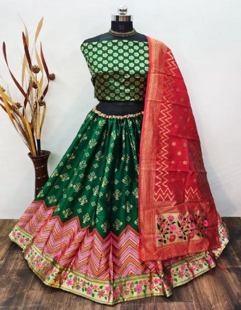 dark green lehenga - brocade fabric lehenga with inner | semi stitched | size - upto 42 | length - 42 | blouse - pure silk designer blouse ( 0.80m ) | dupatta - pure banarasi silk 24