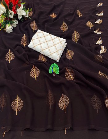 brown 60 gm blooming saree with embroidery work fabric embroidery work ethnic 