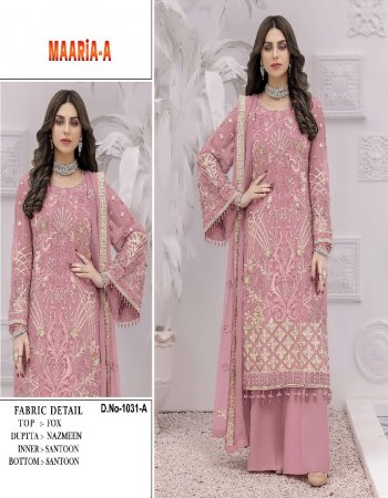 pink top - faux georgette with heavy embroidery work ( semi stitched ) | sleeves - faux georgette with embroidery work ( full sleeves ) | inner - santoon ( attched with top ) | bottom - santooon ( material ) | dupatta - nazmin chiffon with four side lace | size detail - top length - 43 inches | top bust size - upto inches | bottom size - 2.25m | dupatta size - 2.25 m | type - semi stitched suit fabric embroidery work party wear 