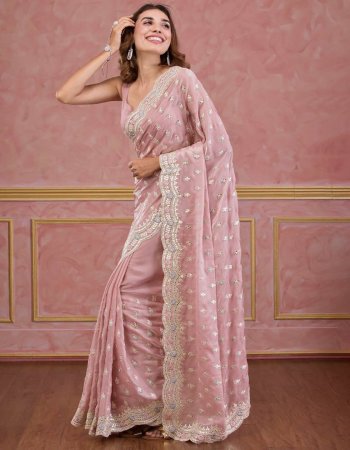 pink saree - chinon silk with heavy embroidery work | blouse - banglory silk  fabric embroidery work party wear 