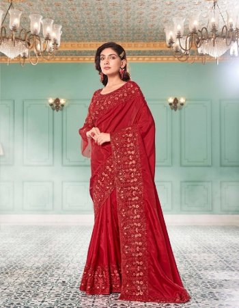red designer embroidery worked vichitra silk saree with unstitched blouse fabric embroidery work festive 