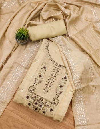 cream top - modal chanderi silk with neck and khatli work ( 1.9 m) | inner - santoon ( 1.60 m) | bottom - santoon ( 2 m) | dupatta - dyeable chanderi with sequance work ( 2.20 m) fabric khatli work work ethnic 