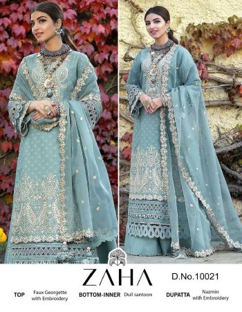 sky blue top - georgette with heavy embroidered | bottom & inner - santoon | dupatta - nazmin with heavy embroidered fabric embroidery work festive 