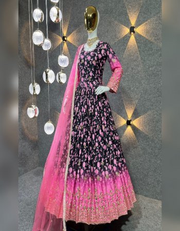 pink gown - silk with digital print with sequance embroidery work  ( fully stitched ) | gown inner - micro cotton | length - 55 inch | flair - 3.50 m | gown size - upto 44 xl free size ( full stitched ) | dupatta - heavy butterfly net with four side fancy less border and sequance embroidery work ( 2.40m)  fabric digital printed work casual 