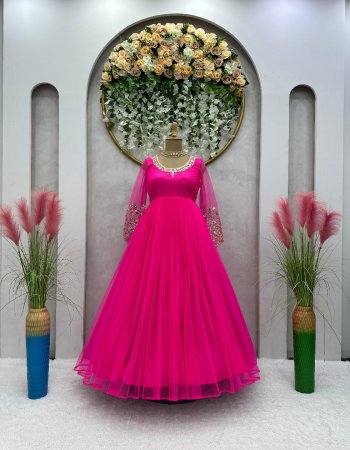 pink gown - soft net with thread sequance and real mirror work | inner - micro | stitch - m ( 38 ) | l ( 40 ) | xl  ( 42)  fabric embroidery work ethnic 