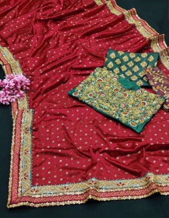 red heavy satin silk with jacquard embroidery work | blouse - heavy banglory silk with embroidery sequance work ( front and back side work ) [ unstitched blouse ] fabric embroidery work party wear 