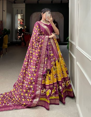 yellow lehenga - heavy silk with patola printed & digital printed | waist - supported upto 42 | lehenga closer - drawasting with heavy tassels and zip | stitching - stitched with canvas and attached with can can | length - 42 + | flair - 3.80 m | inner - micro | type - stitched | blouse - heavy silk with patola printed ( 0.80 m unstitched ) | dupatta - heavy silk with patola printed and gotta patti lace border ( 2.5 m) fabric printed work party wear  