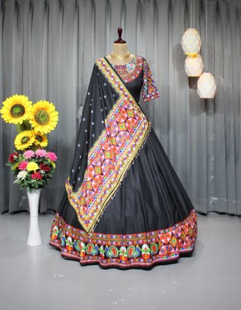 black lehenga - soft buttersilk with digital printed & real mirror work | inner - micro cotton | length - 42 - 44 inch | flair - 4 m | type - stitched | blouse - soft buttersilk with fancy digital print work & real mirror work | size - 1.20 m ( unstitched ) | dupatta - soft buttersilk with digital printed & real mirror work with fancy lace ( 2.20 m) fabric digital printed work ethnic 