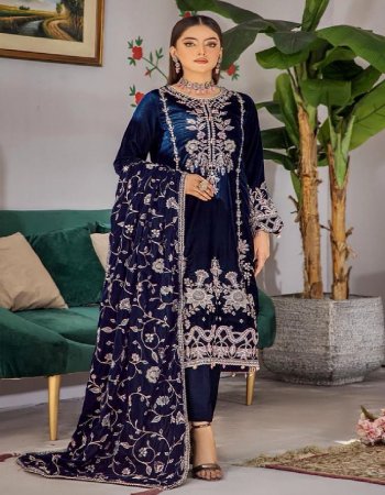 navy blue top - velvet with embroidery | bottom / inner- pashmina | dupatta - velvet with embroidery fabric embroidery work festive 